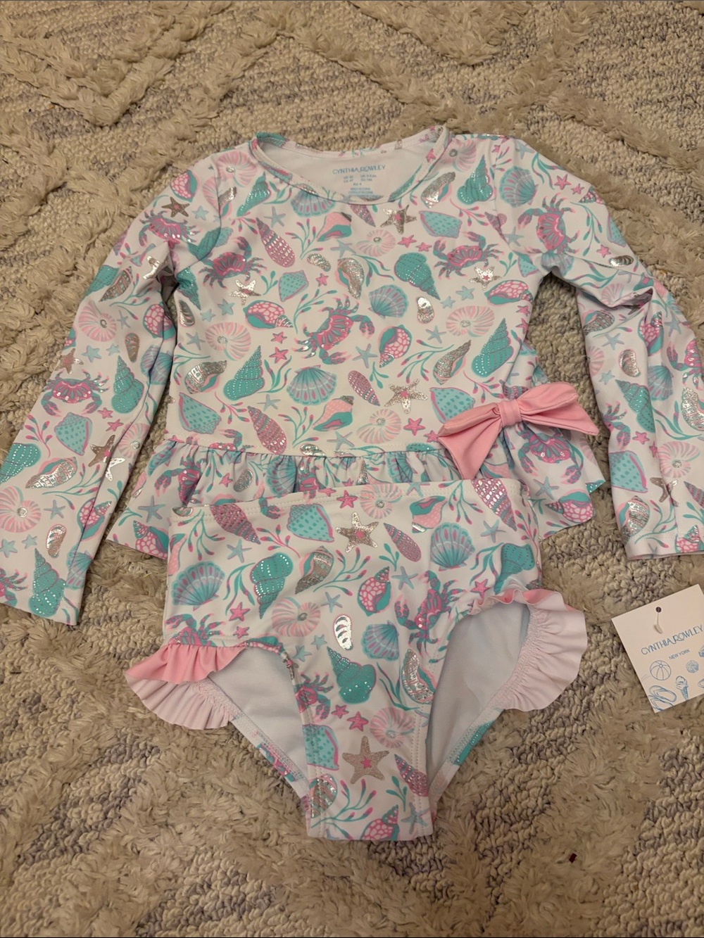 Cynthia Rowley Pink & Teal Seashell Long-Sleeve Rashguard One-Piece